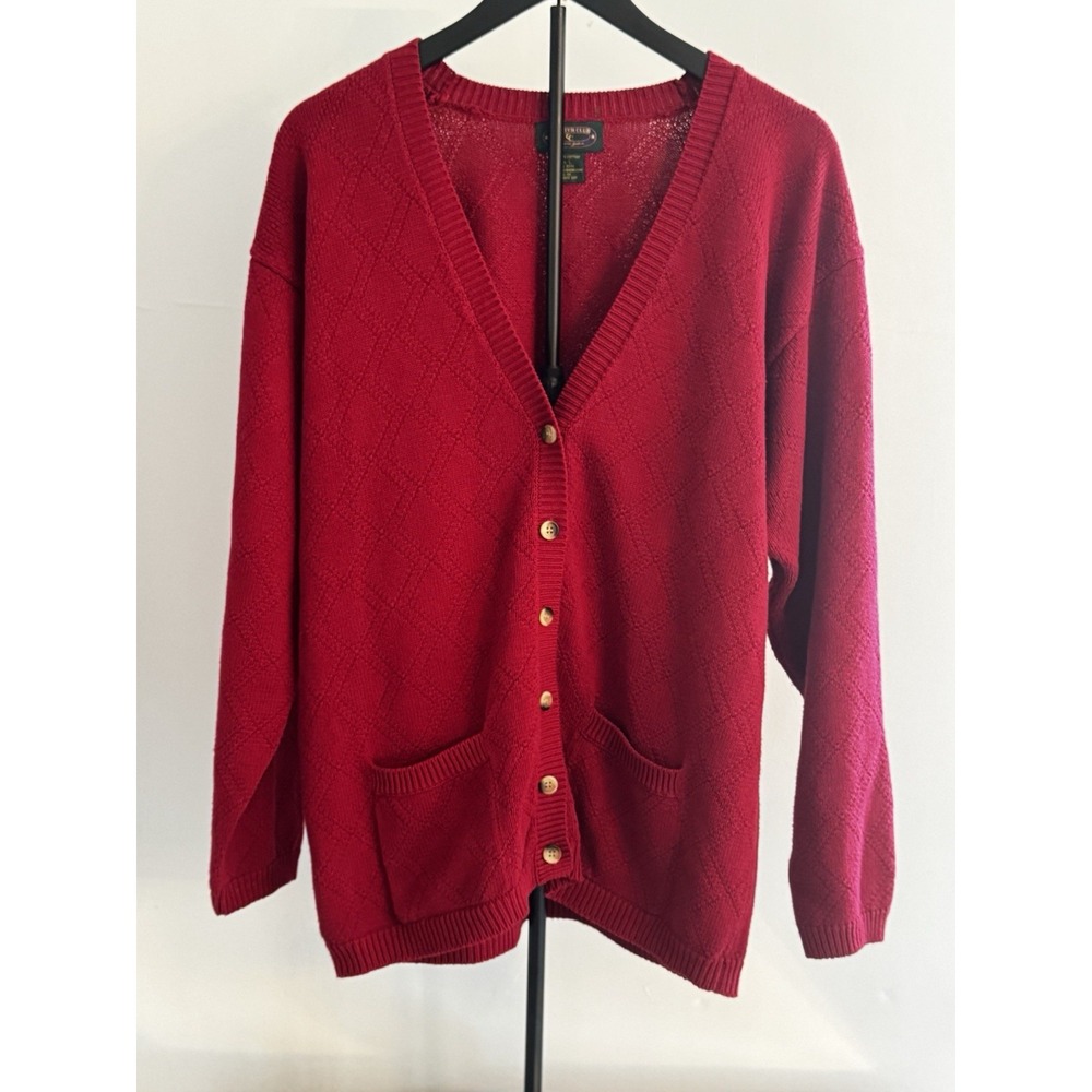 Vintage Charter Club Red Cotton Cardigan Sz L Diamond Knit Button Preppy Holiday